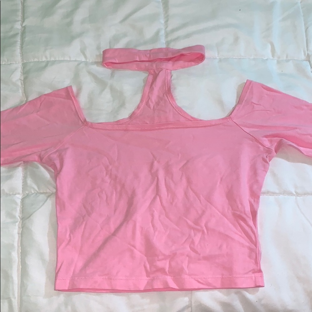 Pink off the shoulder , choker neck crop top